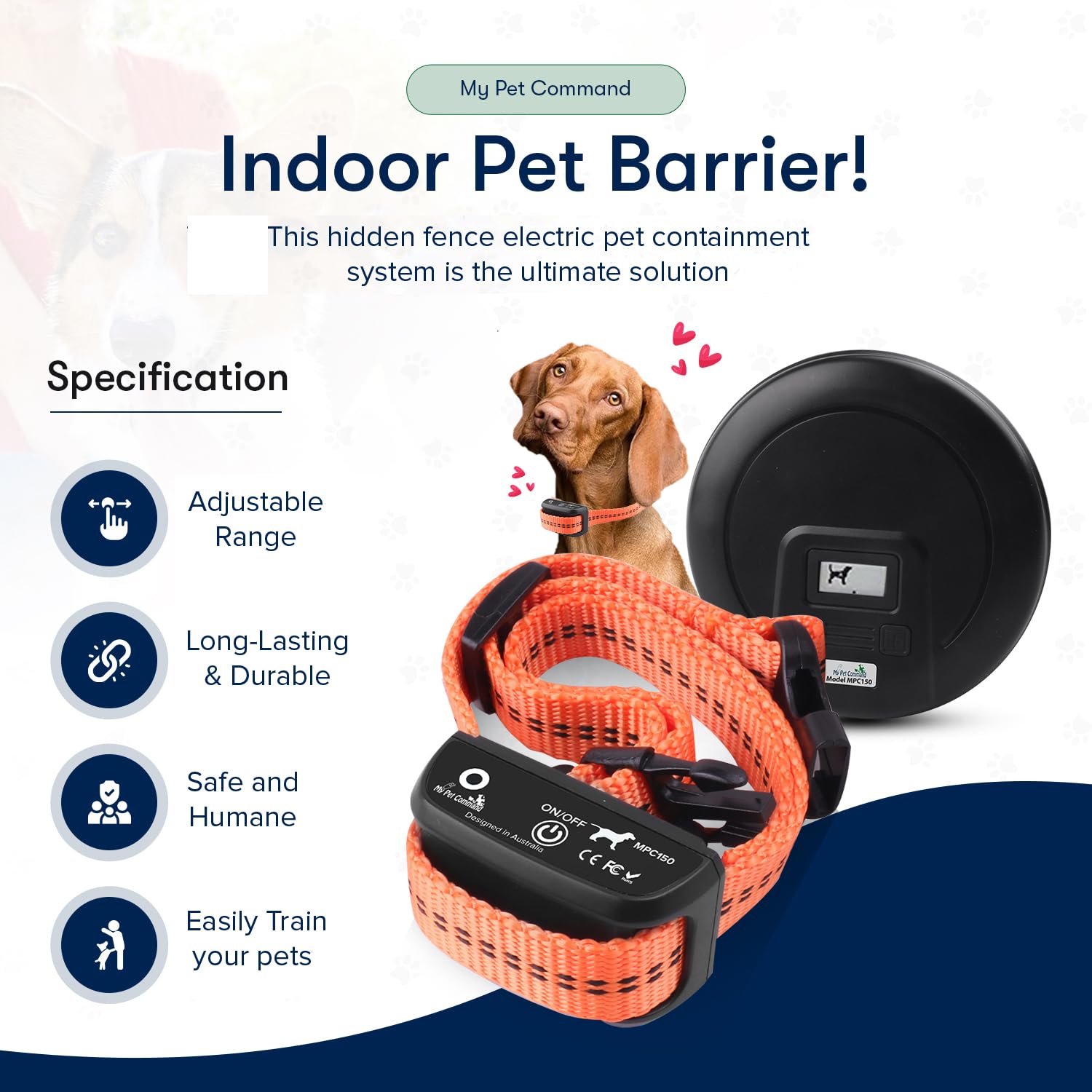 My Pet Command, Indoor Pet Barrier With Adjustable Range, Static And Tone Correction, Hidden Fence For Dogs Containment Collar,